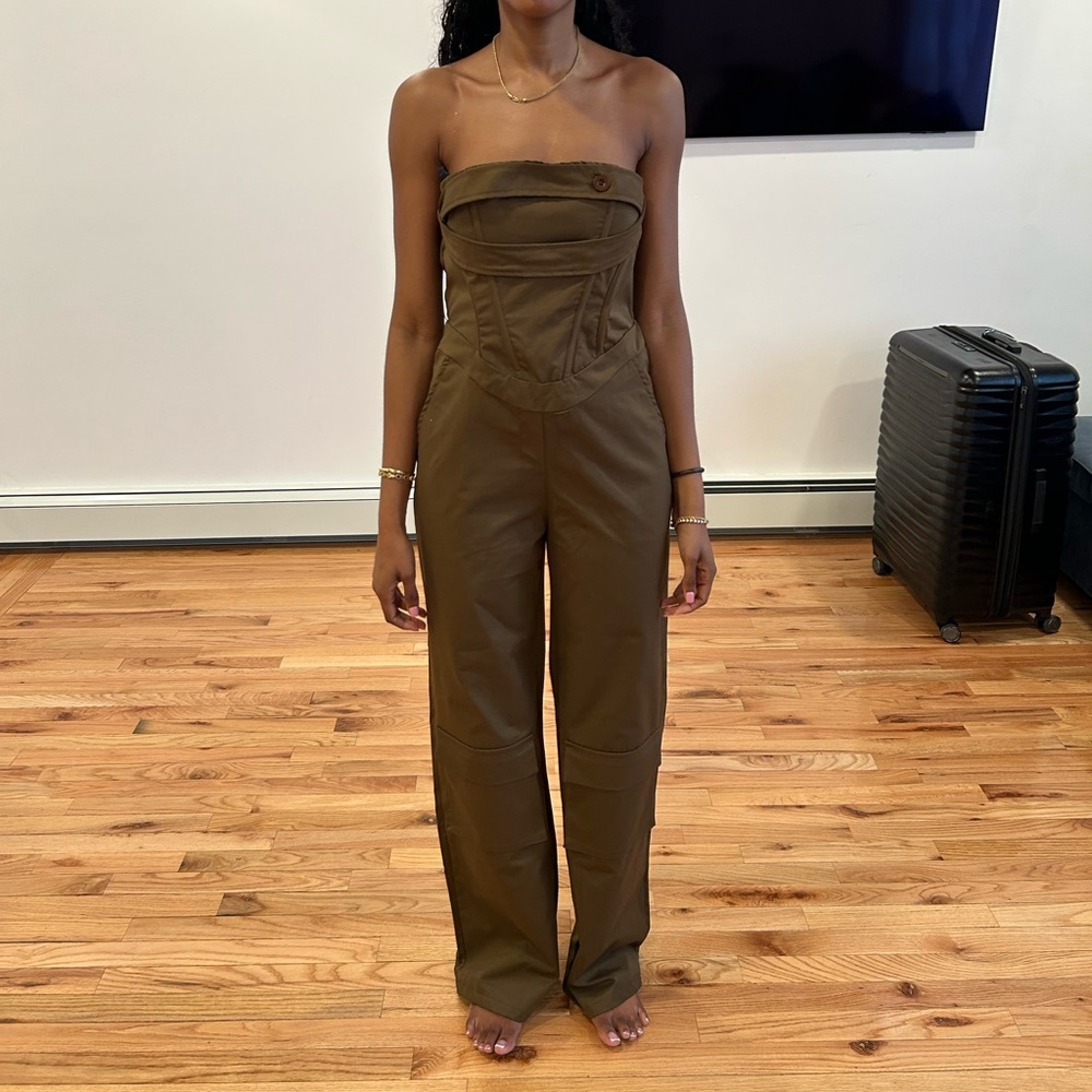 Strapless Corset Jumpsuit in Olive Brown